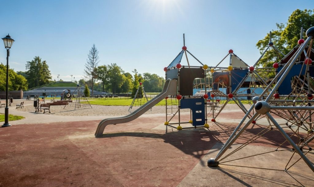 晴れた日の公園にある大型遊具と滑り台。青空の下、広場とベンチが広がる風景