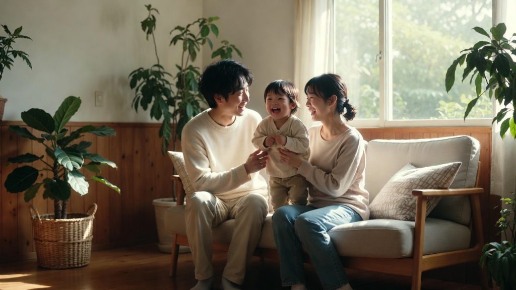 自然光が差し込むリビングで、ソファに座り笑い合う若い夫婦と幼い子どもの家族写真